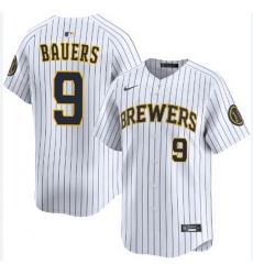 Men Milwaukee Brewers Jake Bauers #9 Home White Strips Stitched Limited Jersey