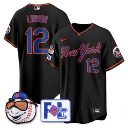 Men New York Mets 12 Francisco Lindor Black 2025 Spring Training Stitched Baseball Jersey