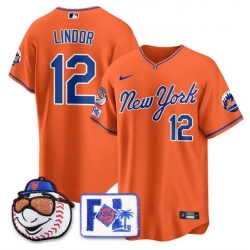 Men New York Mets 12 Francisco Lindor Orange 2025 Spring Training Stitched Baseball Jersey