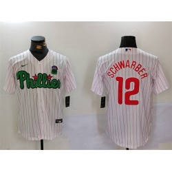 Men Philadelphia Phillies 12 Kyle Schwarber White Green Cool Base Stitched Jersey