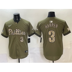 Men Philadelphia Phillies  3 Bryce Harper Olive 2026 Armed Forces Day Stitched Baseball Jersey