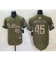 Men Philadelphia Phillies 45 Zack Wheeler Olive 2026 Armed Forces Day Stitched Baseball Jersey Men Philadelphia Phillies 45 Zack Wheeler Olive 2026 Armed Forces Day Stitched Baseball Jersey