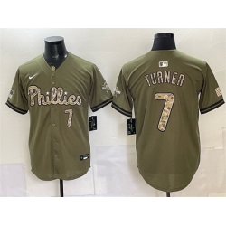 Men Philadelphia Phillies  7 Trea Turner Olive 2026 Armed Forces Day Stitched Baseball Jersey