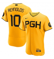 Men Pittsburgh Pirates 10 Bryan Reynolds Gold 2023 City Connect Flex Base Stitched Jersey