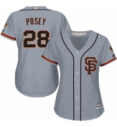 Womens Majestic San Francisco Giants 28 Buster Posey Replica Grey Road 2 Cool Base MLB Jersey