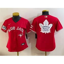 Women Toronto Blue Jays   Leafs Red With White Leafs Logo 50 Seasons Patch Stitched Baseball Jersey  