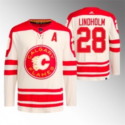 Men Calgary Flames 28 Elias Lindholm 2023 Cream Heritage Classic Primegreen Stitched Jersey