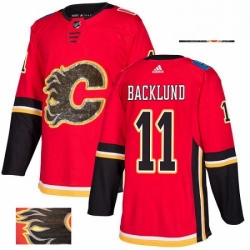 Mens Adidas Calgary Flames 11 Mikael Backlund Authentic Red Fashion Gold NHL Jersey 