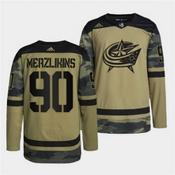 Men Columbus Blue Jackets 90 Elvis Merzlikins 2022 Camo Military Appreciation Night Stitched jersey