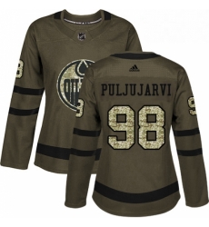 Womens Adidas Edmonton Oilers 98 Jesse Puljujarvi Authentic Green Salute to Service NHL Jersey 