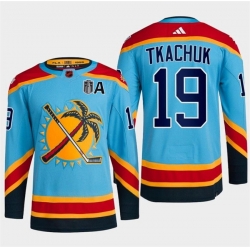 Men Florida Panthers 19 Matthew Tkachuk Blue 2024 Stanley Cup Final Patch Reverse Retro Stitched Jersey