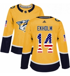 Womens Adidas Nashville Predators 14 Mattias Ekholm Authentic Gold USA Flag Fashion NHL Jersey 