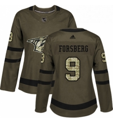 Womens Adidas Nashville Predators 9 Filip Forsberg Authentic Green Salute to Service NHL Jersey 