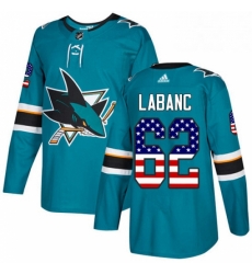 Mens Adidas San Jose Sharks 62 Kevin Labanc Authentic Teal Green USA Flag Fashion NHL Jersey 