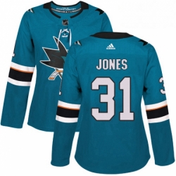 Womens Adidas San Jose Sharks 31 Martin Jones Authentic Teal Green Home NHL Jersey 