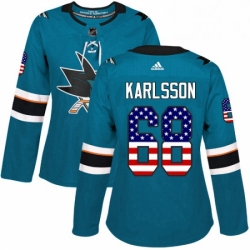 Womens Adidas San Jose Sharks 68 Melker Karlsson Authentic Teal Green USA Flag Fashion NHL Jersey 