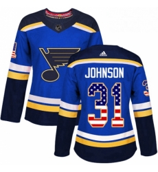 Womens Adidas St Louis Blues 31 Chad Johnson Authentic Blue USA Flag Fashion NHL Jersey 