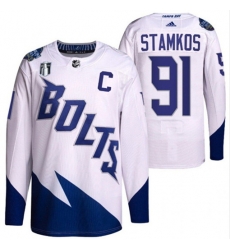 Men Tampa Bay Lightning 91 Steven Stamkos 2022 White Stanley Cup Final Patch Stitched Jersey