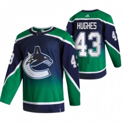 Men Vancouver Canucks 43 Quinn Hughes Green Adidas 2020 21 Reverse Retro Alternate NHL Jersey