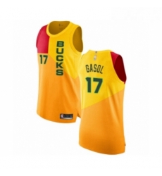 Mens Milwaukee Bucks 17 Pau Gasol Authentic Yellow Basketball Jersey City Edition 