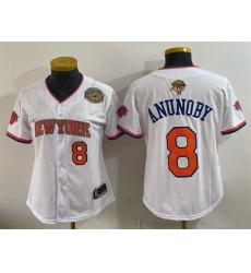 Women New York Knicks 8 OG Anunoby White 2026 Finals Eastern Conference Champions Patch Stitched Baseball Jersey Women New York Knicks 8 OG Anunoby White 2026 Finals Eastern Conference Champions Patch Stitched Baseball Jersey