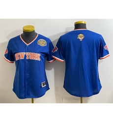 Women New York Knicks Blank Blue 2026 Finals Eastern Conference Champions Patch Stitched Baseball Jersey Women New York Knicks Blank Blue 2026 Finals Eastern Conference Champions Patch Stitched Baseball Jersey