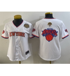Women New York Knicks Team Big Logo White 2026 Finals Eastern Conference Champions Patch Stitched Baseball Jersey Women New York Knicks Team Big Logo White 2026 Finals Eastern Conference Champions Patch Stitched Baseball Jersey