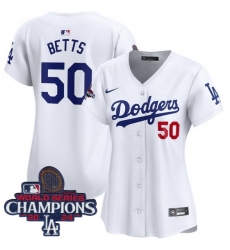 Women Nike Los Angeles Dodgers Mookie Betts #50 White Flex Base 2024 World Series Champions Stitched MLB Jersey