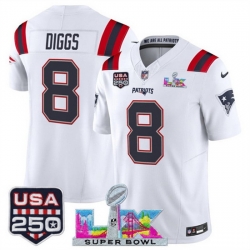 Men New England Patriots 8 Stefon Diggs White 2025 F U S E  Super Bowl LX Patch And USA 250 27 Patch Vapor Limited Football Stitched Jersey