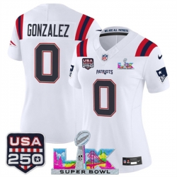 Women New England Patriots 0 Christian Gonzalez White 2025 F U S E  Super Bowl LX Patch And USA 250 27 Patch Vapor Limited Football Stitched Jersey 