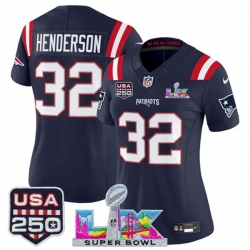 Women New England Patriots 32 TreVeyon Henderson Navy 2025 F U S E  Super Bowl LX Patch And USA 250 27 Patch Vapor Limited Football Stitched Jersey 