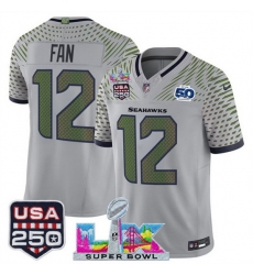 Youth Seattle Seahawks 12 Fan Gray 2025 F U S E Super Bowl LX 26 US 250th anniversary Patch And 50th Season Patch Rivalries Vapor Limited Stitched Footb Youth Seattle Seahawks 12 Fan Gray 2025 F U S E Super Bowl LX 26 US 250th anniversary Patch And 50th Season Patch Rivalries Vapor Limited Stitched Footb