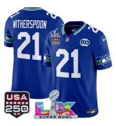 Youth Seattle Seahawks 21 Devon Witherspoon Royal 2025 F U S E Super Bowl LX Patch And 50th Season USA 250 Patch Vapor Throwback Limited Stitched Footbal Youth Seattle Seahawks 21 Devon Witherspoon Royal 2025 F U S E Super Bowl LX Patch And 50th Season USA 250 Patch Vapor Throwback Limited Stitched Footbal