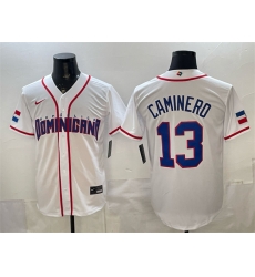 Men Dominican Republic Baseball  13 Junior Caminero White 2026 World Baseball Classic Home Stadium Stitched Jersey