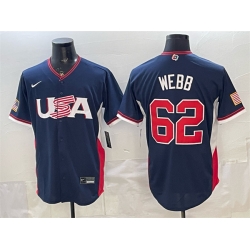 Men USA Baseball  62 Logan Webb Navy 2026 World Baseball Classic Road Stadium Stitched Jersey