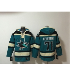 Men San Jose Sharks 71 Macklin Celebrini Teal Lace Up Pullover Hoodie